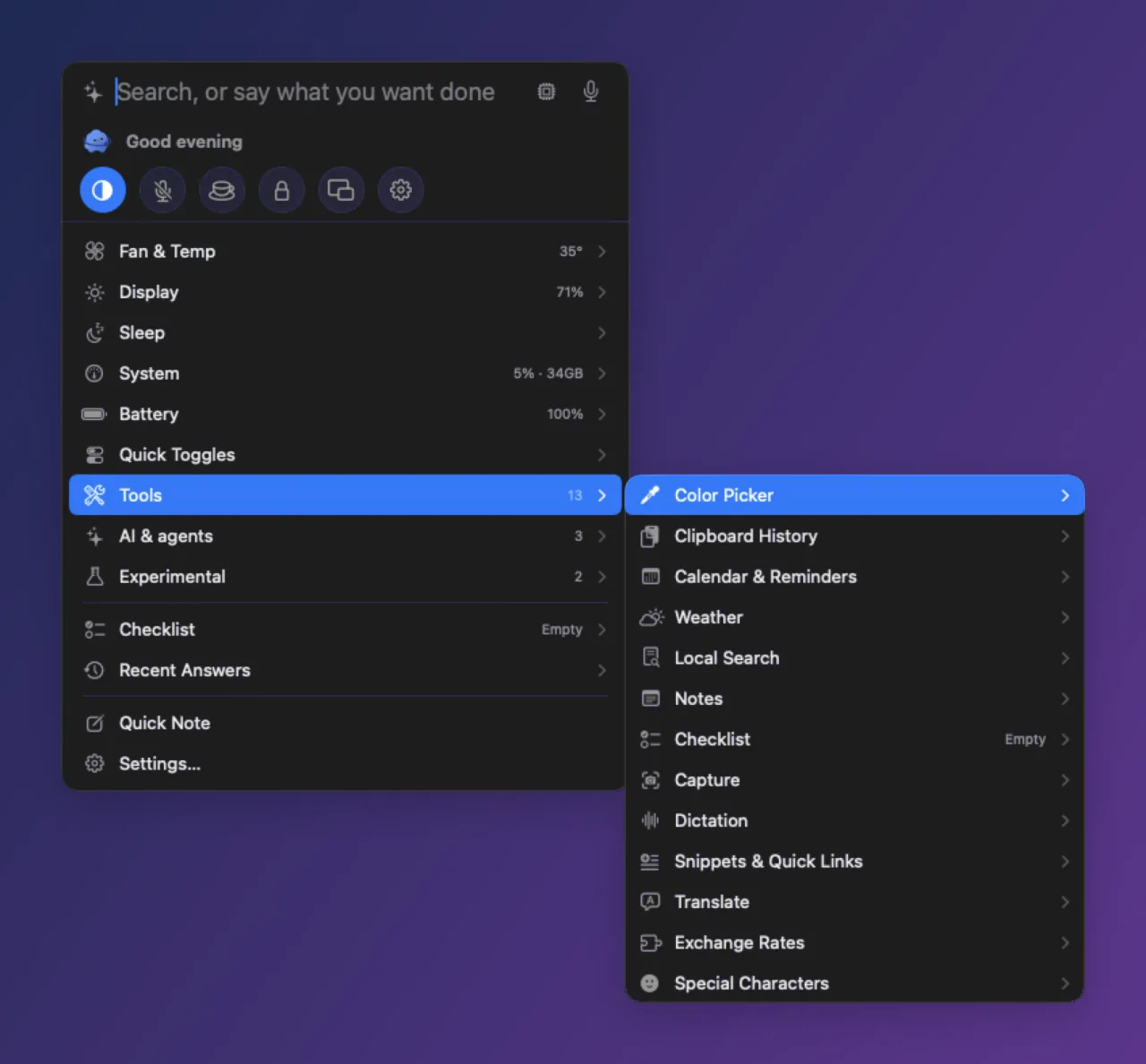 The Divee panel: a search field, a row of quick toggles, and a list of modules, with the Tools group slid out to the side showing Color Picker, Clipboard History, Calendar & Reminders, Capture, Dictation, Translate and more