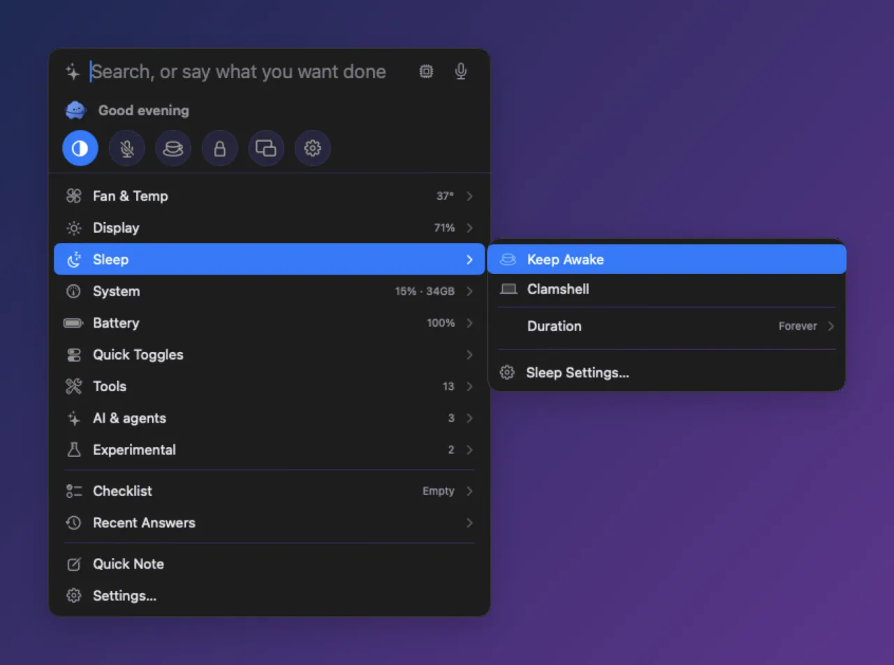 Sleep flyout with Keep Awake, Clamshell and a Duration menu