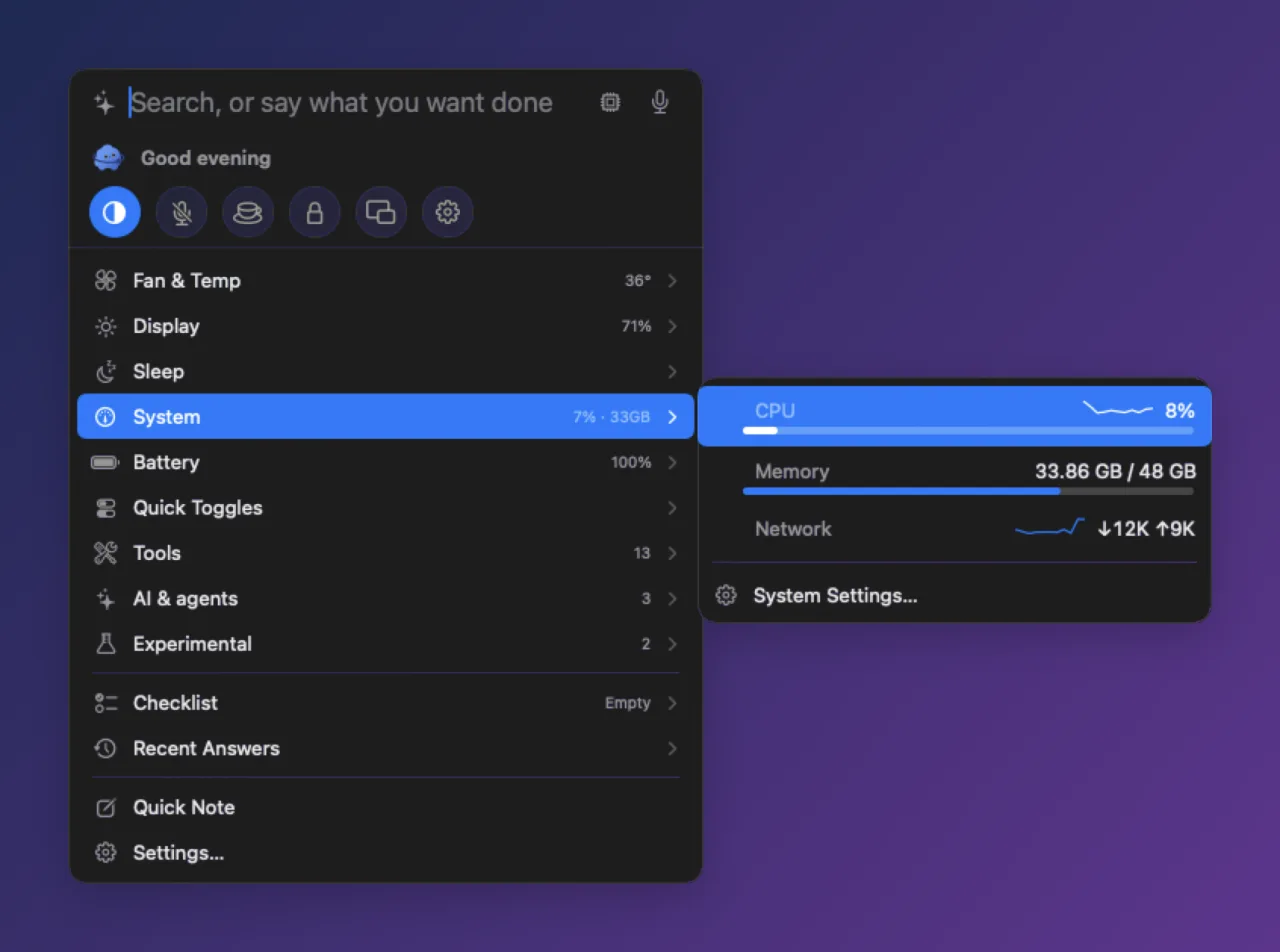 System flyout: CPU bar with a sparkline, memory bar, and network graph with download and upload speed